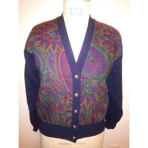 Vintage RALPH LAUREN Navy Blue 100% Wool & Paisley Print Cardigan Sweater M - Picture 1 of 6